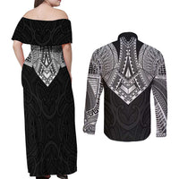 Samoan Traditional Art Tattoos Couples Matching Off Shoulder Maxi Dress and Long Sleeve Button Shirt Tatau Roman Reigns Black Color LT03 - Polynesian Pride