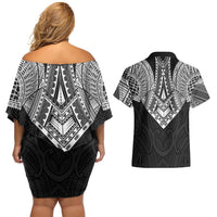 Samoan Traditional Art Tattoos Couples Matching Off Shoulder Short Dress and Hawaiian Shirt Tatau Roman Reigns Black Color LT03 - Polynesian Pride