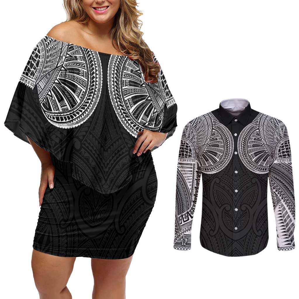 Samoan Traditional Art Tattoos Couples Matching Off Shoulder Short Dress and Long Sleeve Button Shirt Tatau Roman Reigns Black Color LT03 Black - Polynesian Pride