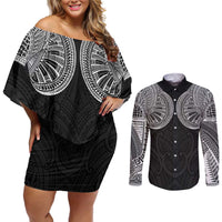 Samoan Traditional Art Tattoos Couples Matching Off Shoulder Short Dress and Long Sleeve Button Shirt Tatau Roman Reigns Black Color LT03 Black - Polynesian Pride