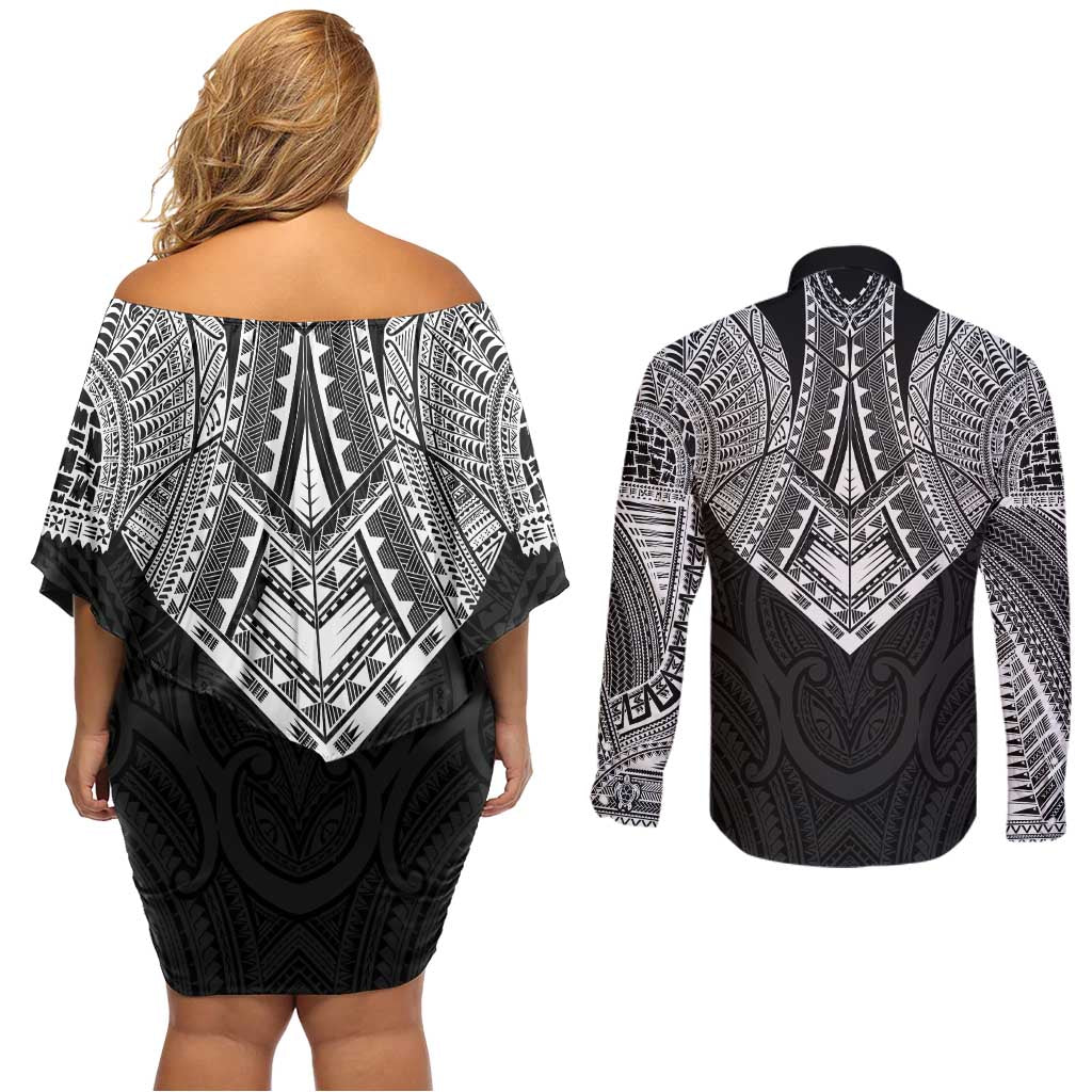 Samoan Traditional Art Tattoos Couples Matching Off Shoulder Short Dress and Long Sleeve Button Shirt Tatau Roman Reigns Black Color LT03 - Polynesian Pride