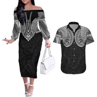 Samoan Traditional Art Tattoos Couples Matching Off The Shoulder Long Sleeve Dress and Hawaiian Shirt Tatau Roman Reigns Black Color LT03 Black - Polynesian Pride