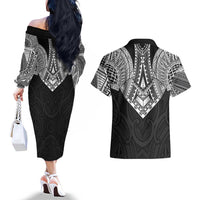 Samoan Traditional Art Tattoos Couples Matching Off The Shoulder Long Sleeve Dress and Hawaiian Shirt Tatau Roman Reigns Black Color LT03 - Polynesian Pride