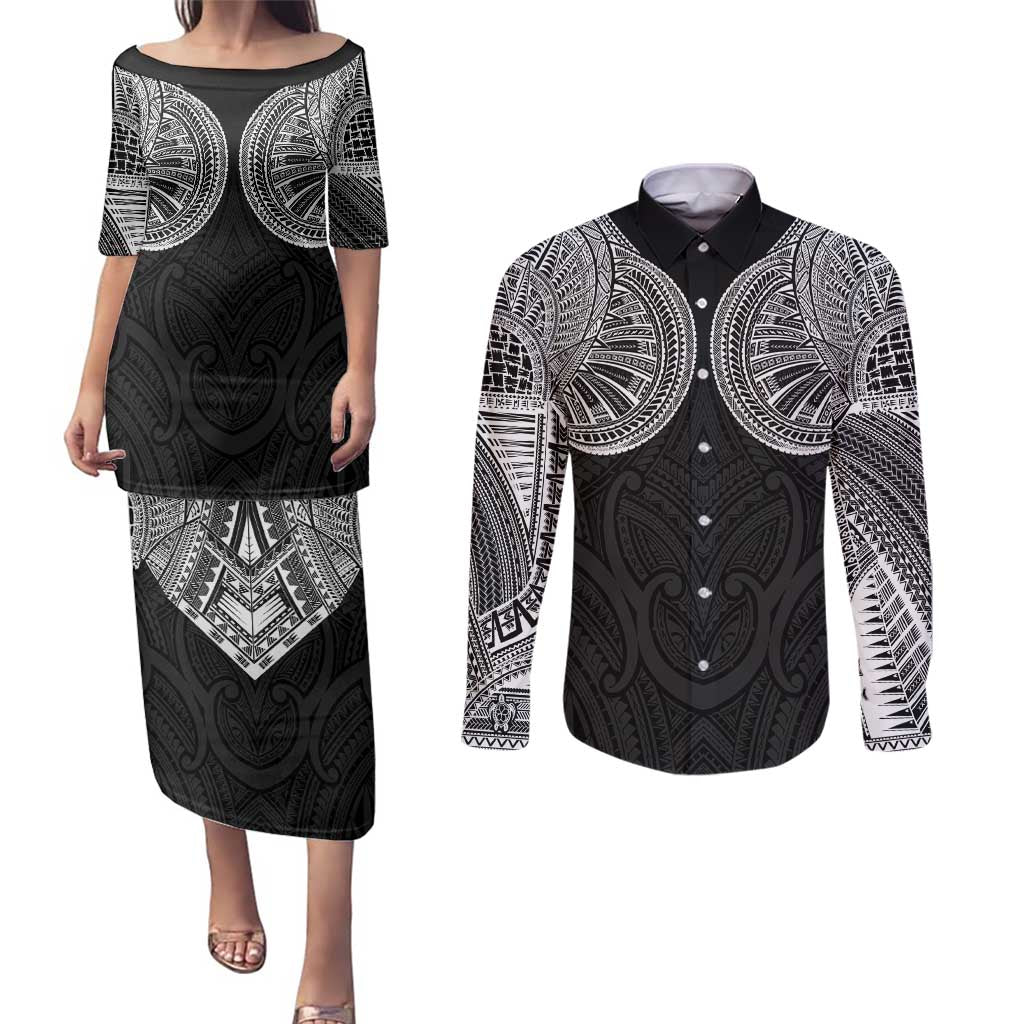Samoan Traditional Art Tattoos Couples Matching Puletasi and Long Sleeve Button Shirt Tatau Roman Reigns Black Color - Polynesian Pride