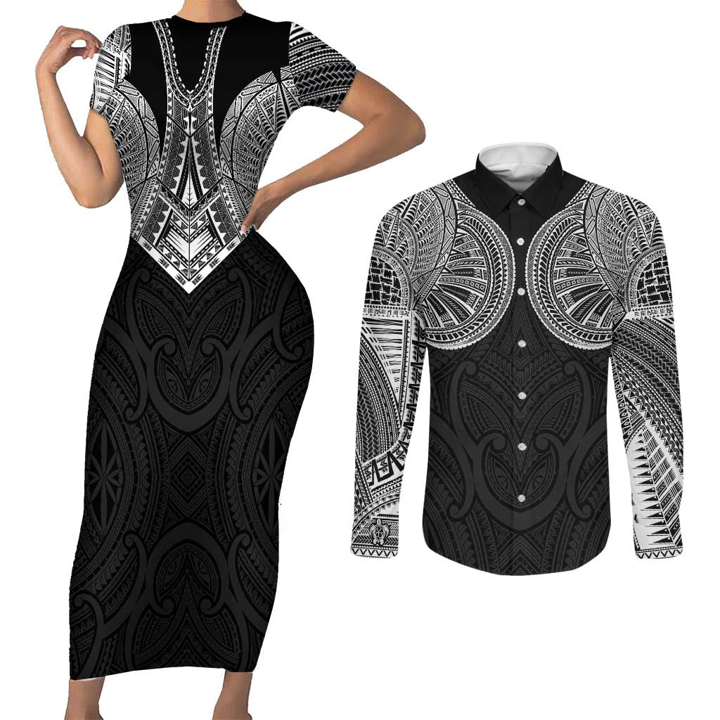 Samoan Traditional Art Tattoos Couples Matching Short Sleeve Bodycon Dress and Long Sleeve Button Shirt Tatau Roman Reigns Black Color - Polynesian Pride