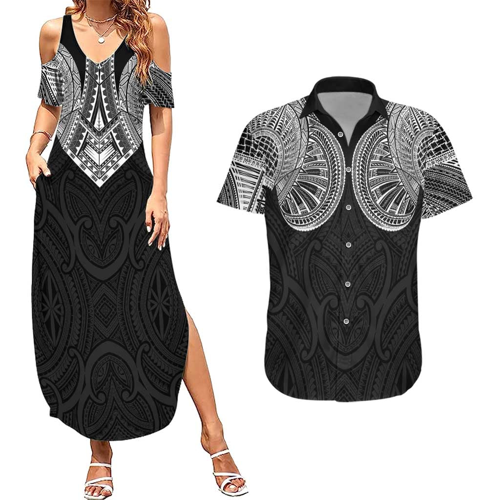 Samoan Traditional Art Tattoos Couples Matching Summer Maxi Dress and Hawaiian Shirt Tatau Roman Reigns Black Color - Polynesian Pride