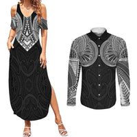 Samoan Traditional Art Tattoos Couples Matching Summer Maxi Dress and Long Sleeve Button Shirt Tatau Roman Reigns Black Color LT03 Black - Polynesian Pride