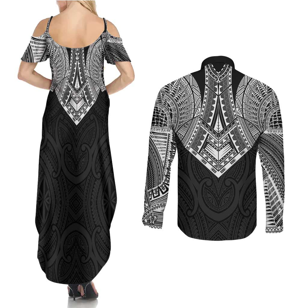 Samoan Traditional Art Tattoos Couples Matching Summer Maxi Dress and Long Sleeve Button Shirt Tatau Roman Reigns Black Color LT03 - Polynesian Pride