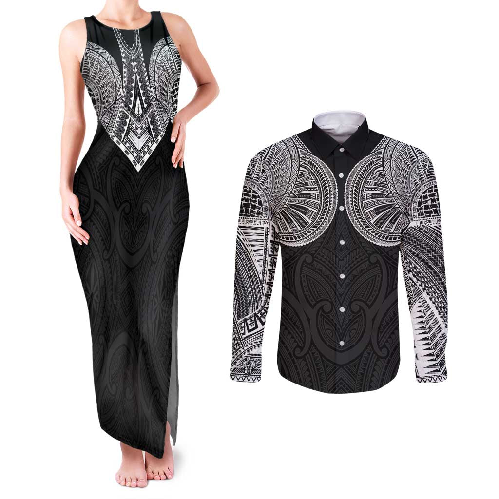 Samoan Traditional Art Tattoos Couples Matching Tank Maxi Dress and Long Sleeve Button Shirt Tatau Roman Reigns Black Color LT03 Black - Polynesian Pride
