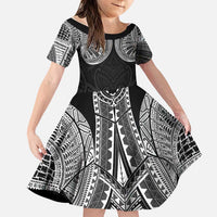 Samoan Traditional Art Tattoos Family Matching Off The Shoulder Long Sleeve Dress and Hawaiian Shirt Tatau Roman Reigns Black Color LT03 Daughter's Dress Black - Polynesian Pride
