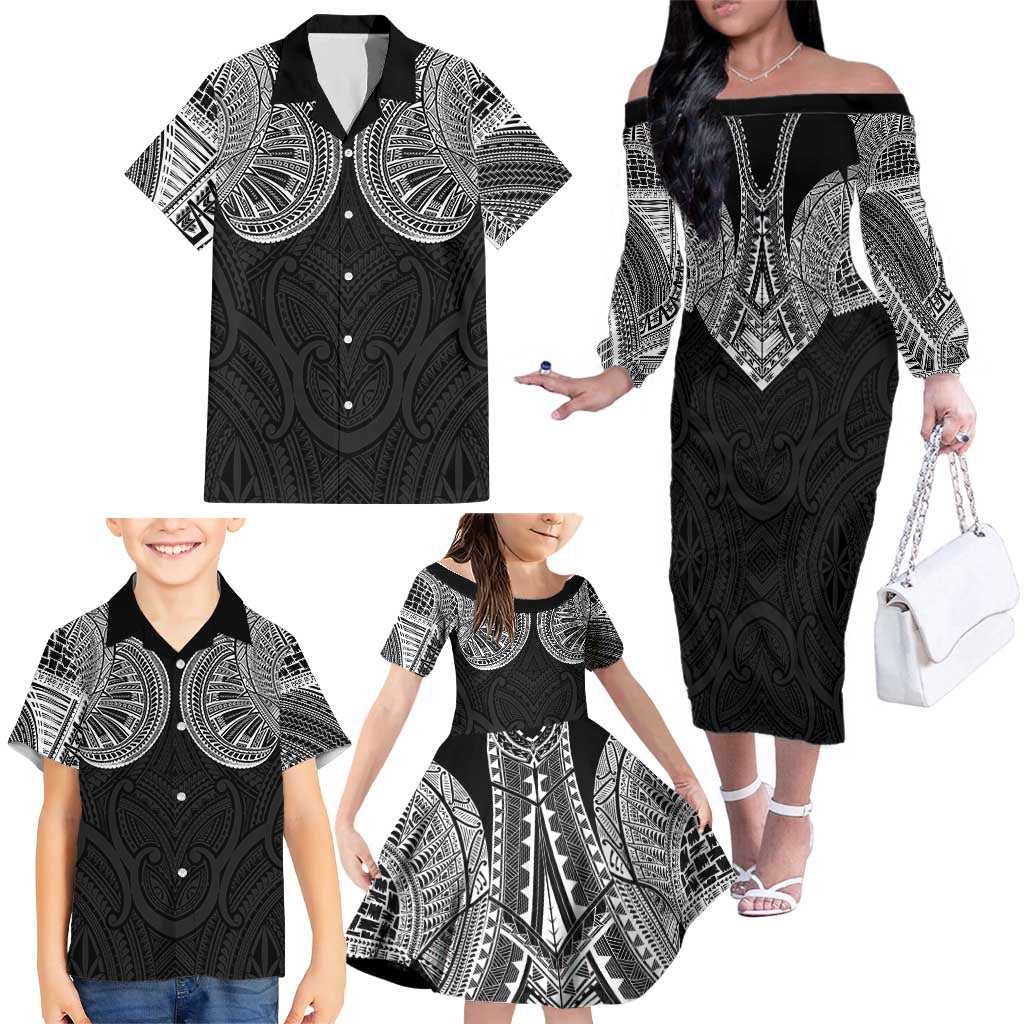 Samoan Traditional Art Tattoos Family Matching Off The Shoulder Long Sleeve Dress and Hawaiian Shirt Tatau Roman Reigns Black Color LT03 - Polynesian Pride