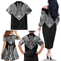 Samoan Traditional Art Tattoos Family Matching Off The Shoulder Long Sleeve Dress and Hawaiian Shirt Tatau Roman Reigns Black Color LT03 - Polynesian Pride