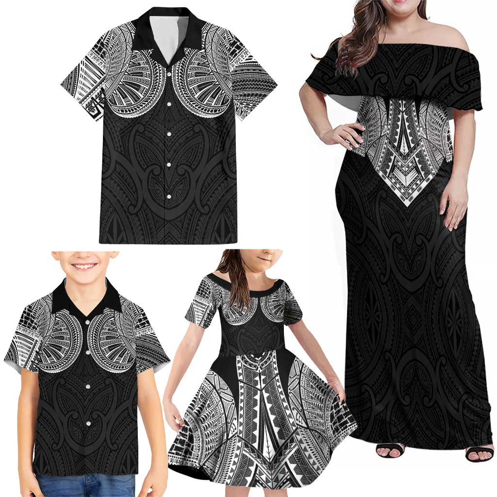 Samoan Traditional Art Tattoos Family Matching Off Shoulder Maxi Dress and Hawaiian Shirt Tatau Roman Reigns Black Color LT03 - Polynesian Pride
