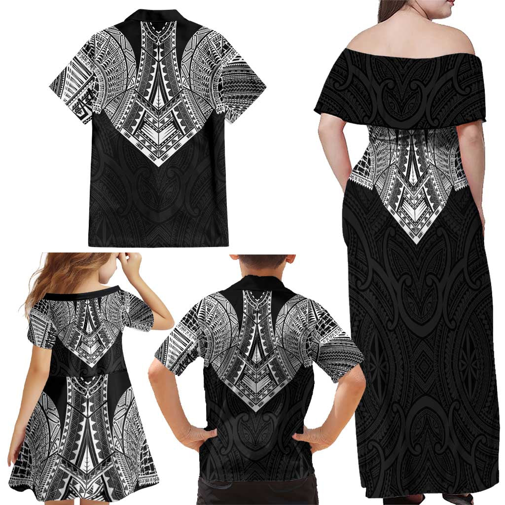 Samoan Traditional Art Tattoos Family Matching Off Shoulder Maxi Dress and Hawaiian Shirt Tatau Roman Reigns Black Color LT03 - Polynesian Pride