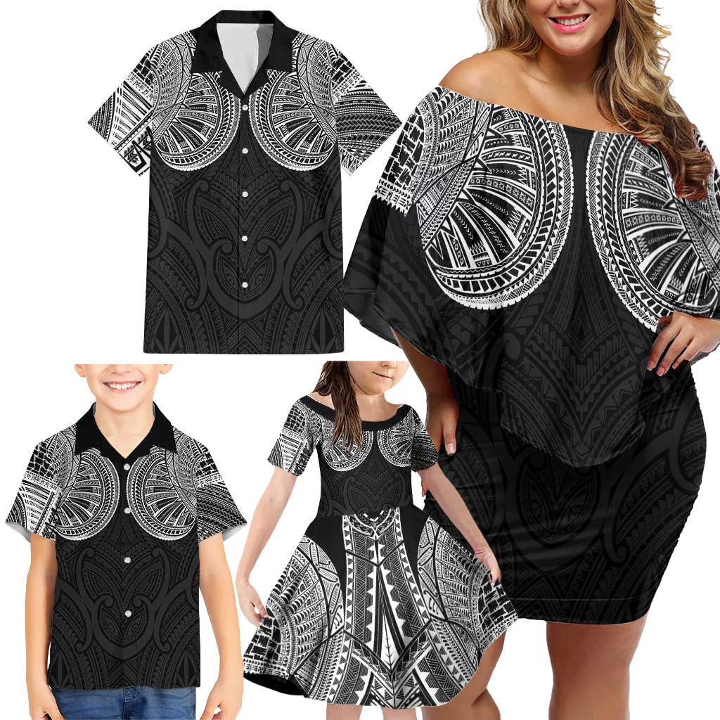 Samoan Traditional Art Tattoos Family Matching Off Shoulder Short Dress and Hawaiian Shirt Tatau Roman Reigns Black Color LT03 - Polynesian Pride