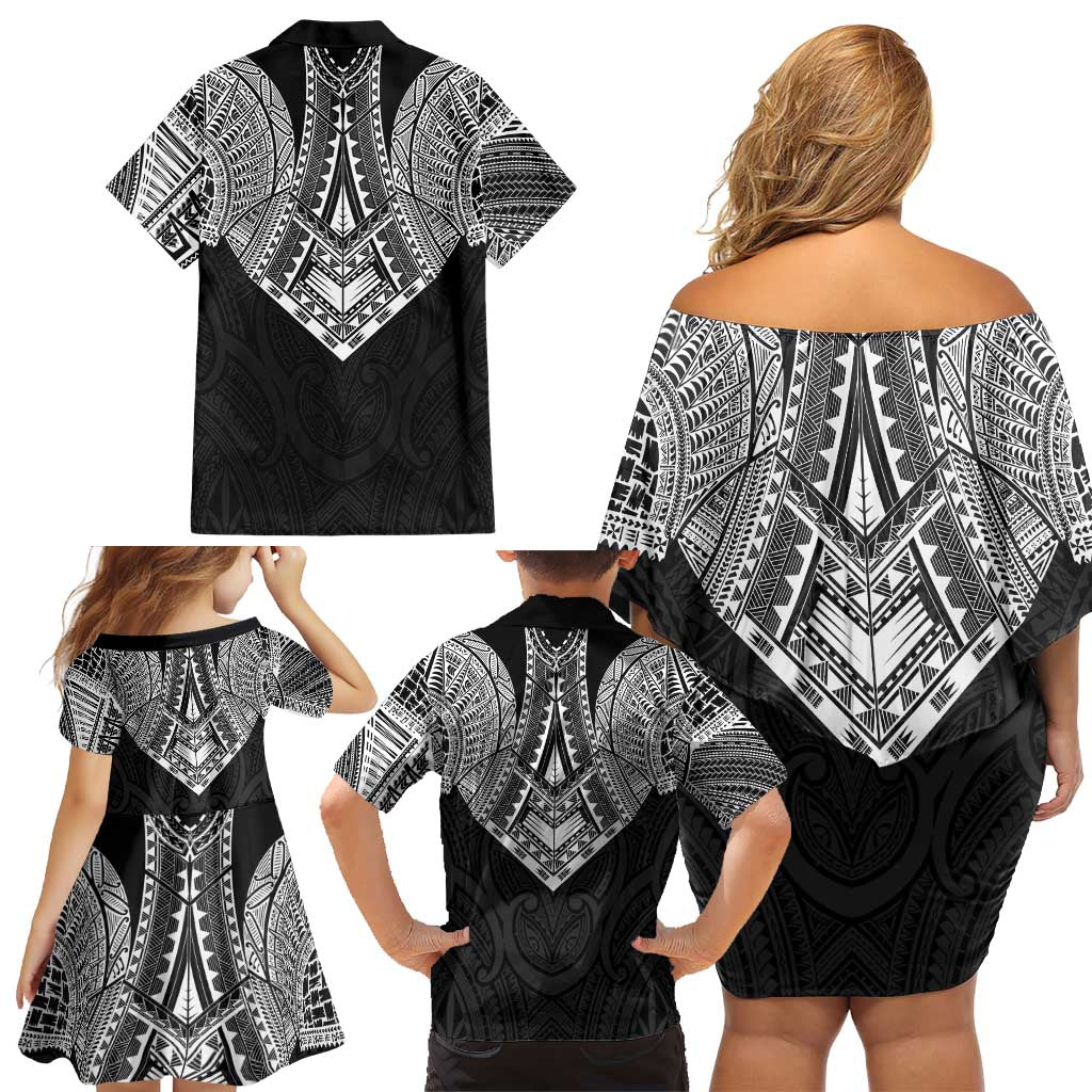 Samoan Traditional Art Tattoos Family Matching Off Shoulder Short Dress and Hawaiian Shirt Tatau Roman Reigns Black Color LT03 - Polynesian Pride