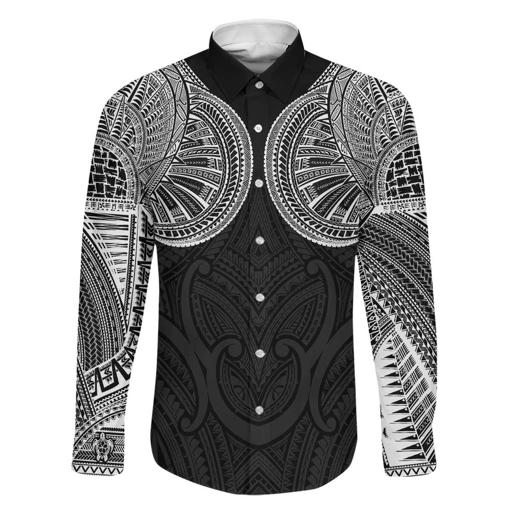 Samoan Traditional Art Tattoos Family Matching Off Shoulder Short Dress and Hawaiian Shirt Tatau Roman Reigns Black Color LT03 Dad's Shirt - Long Sleeve Black - Polynesian Pride