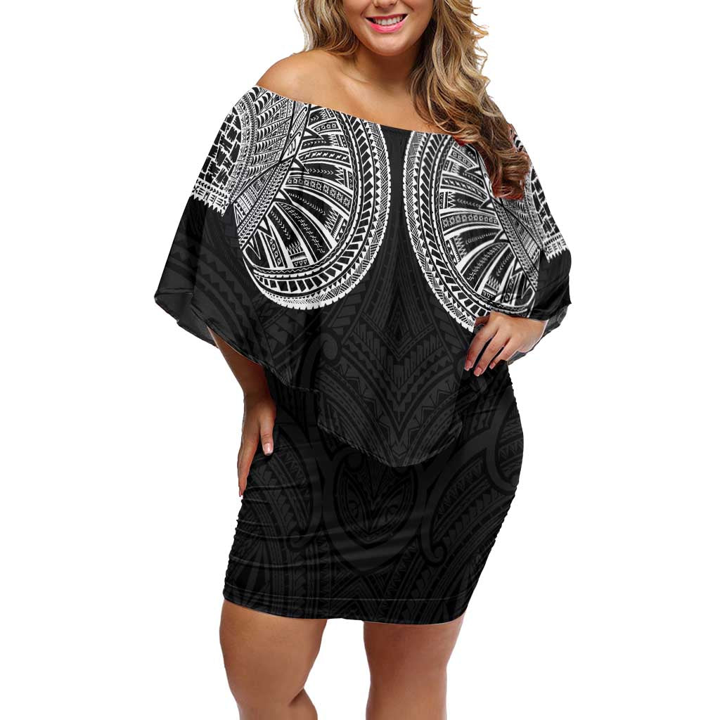 Samoan Traditional Art Tattoos Family Matching Off Shoulder Short Dress and Hawaiian Shirt Tatau Roman Reigns Black Color LT03 Mom's Dress Black - Polynesian Pride