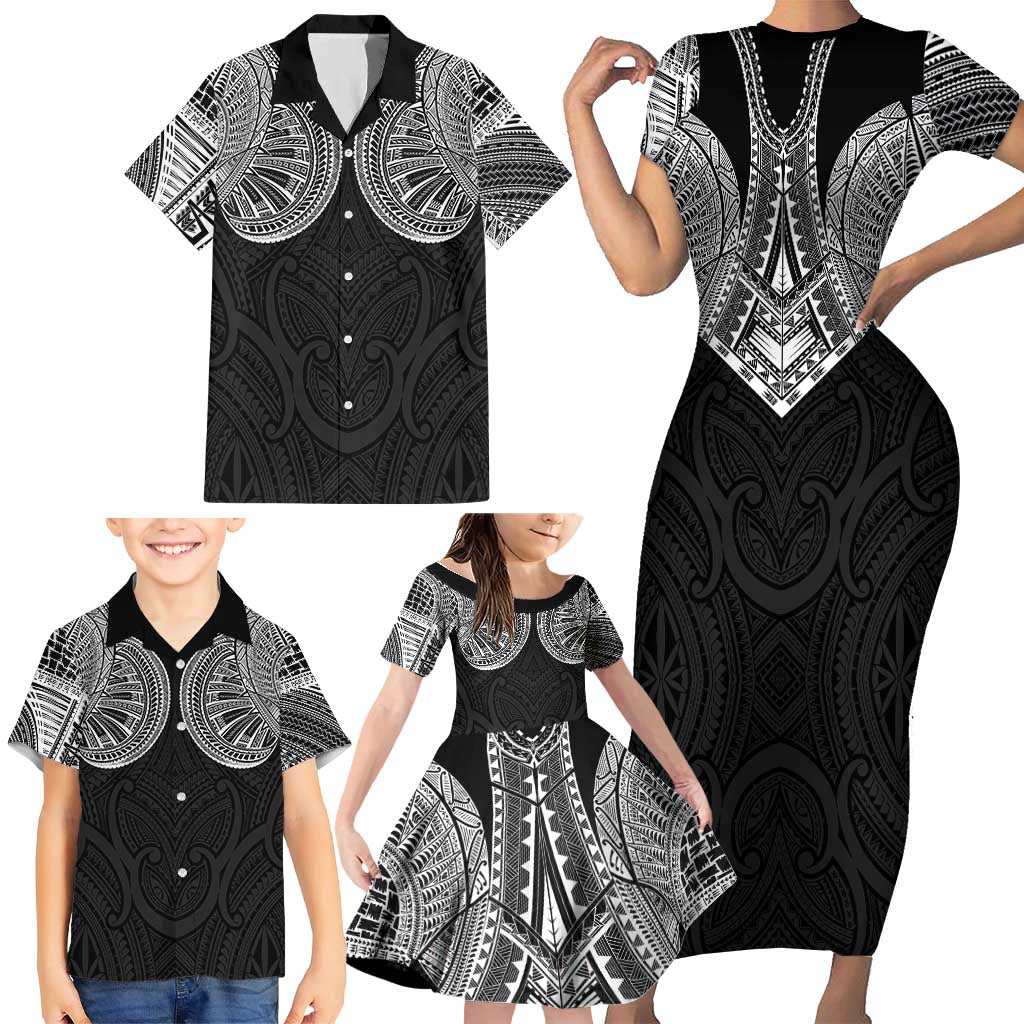 Samoan Traditional Art Tattoos Family Matching Short Sleeve Bodycon Dress and Hawaiian Shirt Tatau Roman Reigns Black Color - Polynesian Pride