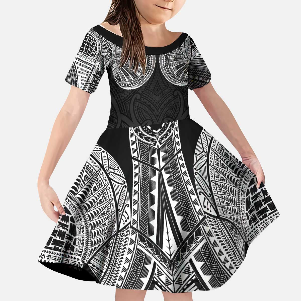 Samoan Traditional Art Tattoos Kid Short Sleeve Dress Tatau Roman Reigns Black Color - Polynesian Pride