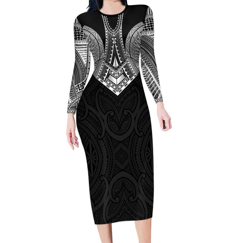 Samoan Traditional Art Tattoos Long Sleeve Bodycon Dress Tatau Roman Reigns Black Color LT03 Long Dress Black - Polynesian Pride
