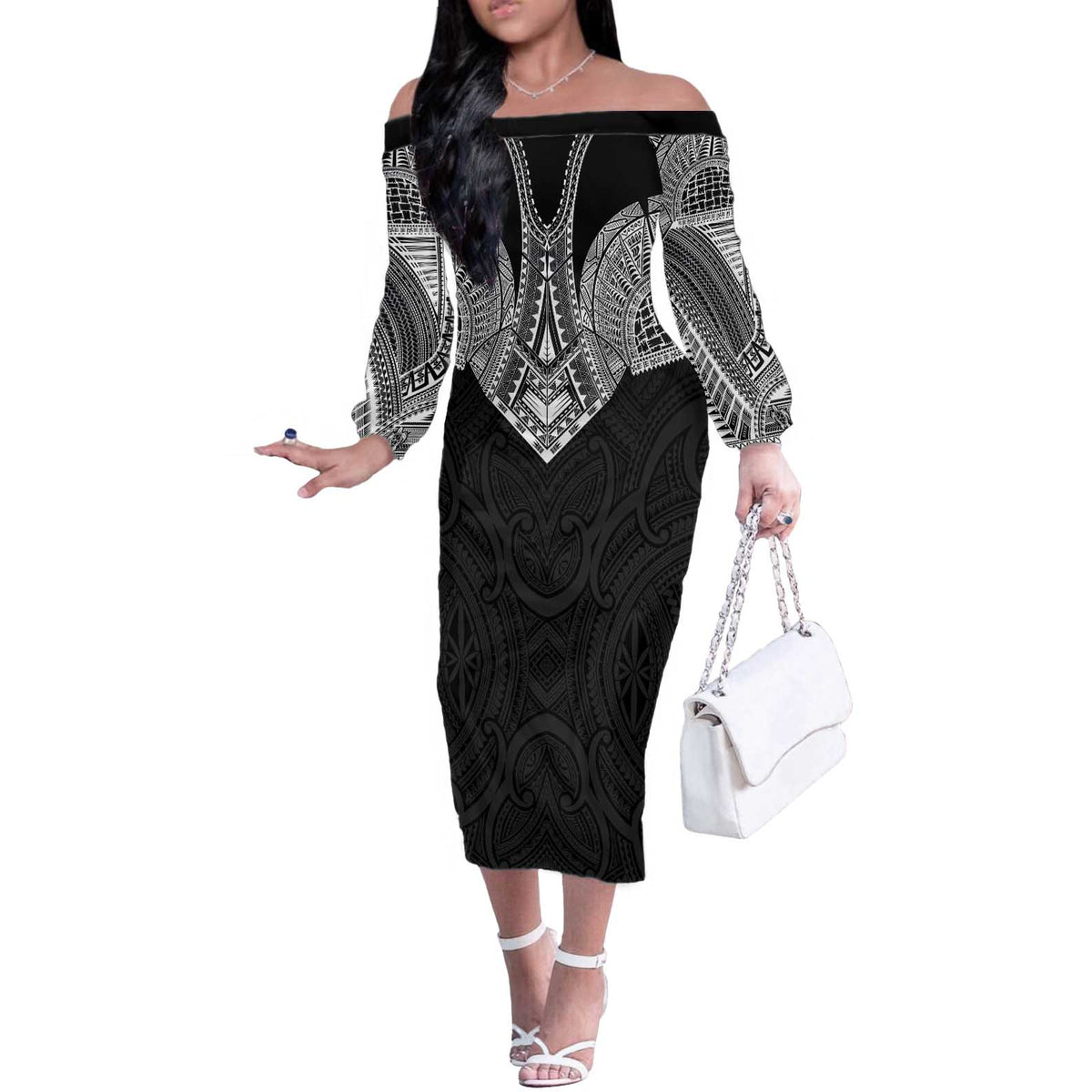 Samoan Traditional Art Tattoos Off The Shoulder Long Sleeve Dress Tatau Roman Reigns Black Color LT03 Women Black - Polynesian Pride