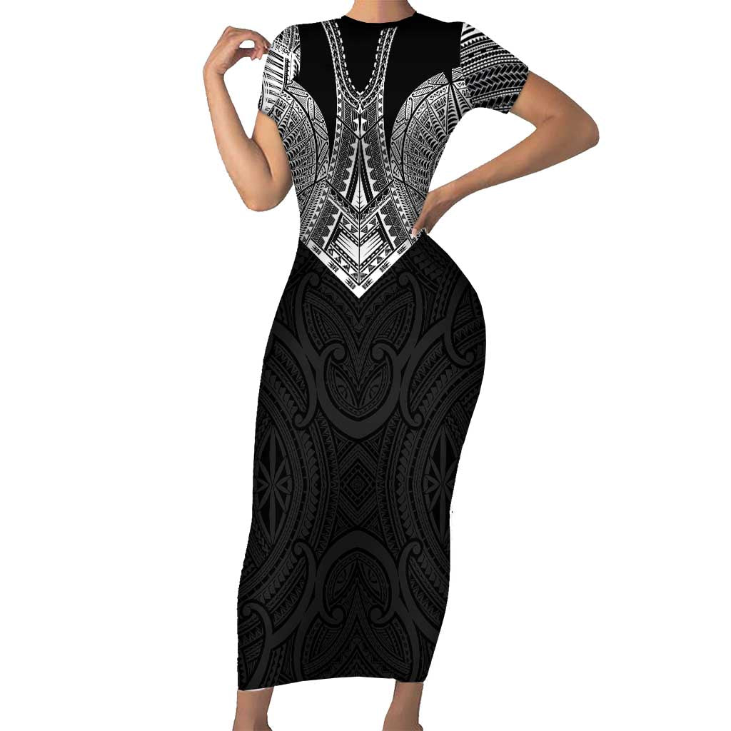 Samoan Traditional Art Tattoos Short Sleeve Bodycon Dress Tatau Roman Reigns Black Color - Polynesian Pride