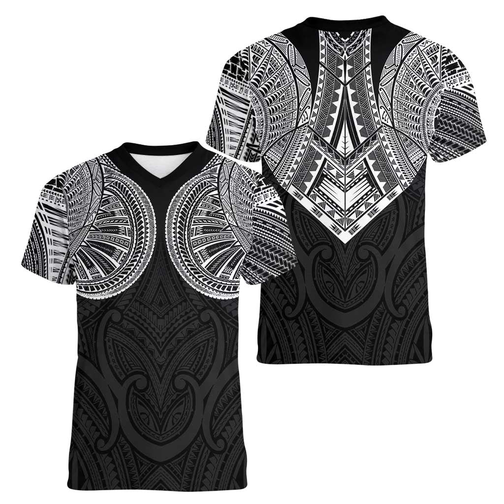 Samoan Traditional Art Tattoos Women V-Neck T-Shirt Tatau Roman Reigns Black Color LT03 - Polynesian Pride