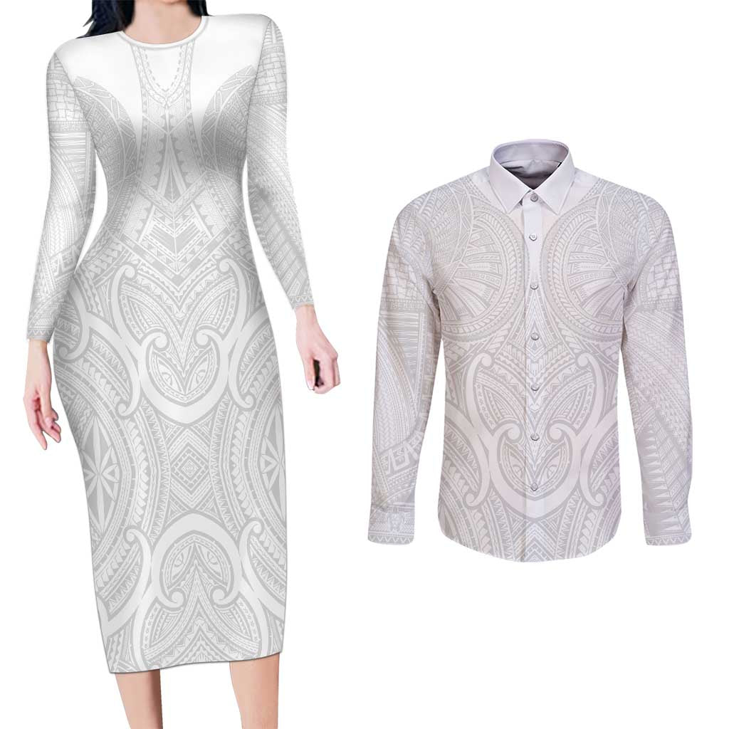 Samoan Traditional Art Tattoos Couples Matching Long Sleeve Bodycon Dress and Long Sleeve Button Shirt Tatau Roman Reigns White Color - Polynesian Pride