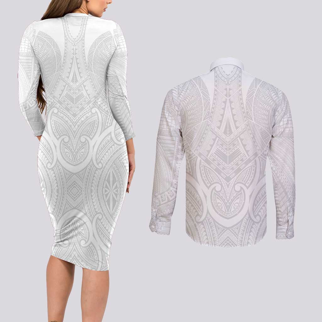 Samoan Traditional Art Tattoos Couples Matching Long Sleeve Bodycon Dress and Long Sleeve Button Shirt Tatau Roman Reigns White Color LT03 - Polynesian Pride