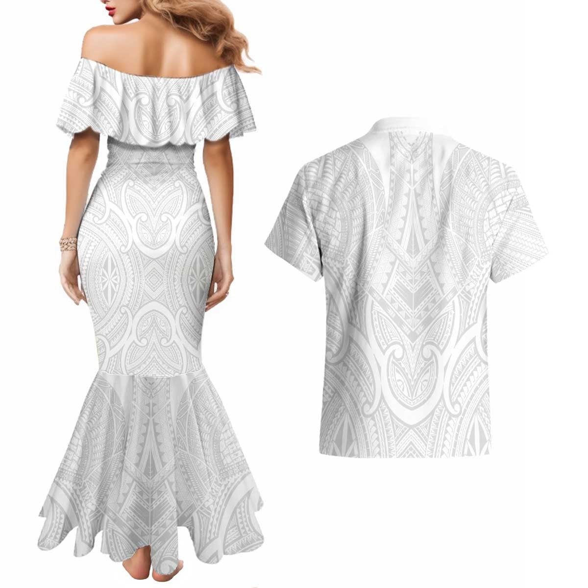 Samoan Traditional Art Tattoos Couples Matching Mermaid Dress and Hawaiian Shirt Tatau Roman Reigns White Color LT03 - Polynesian Pride