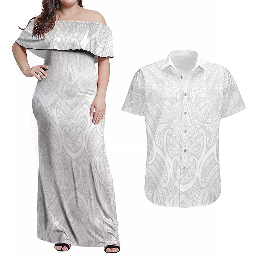 Samoan Traditional Art Tattoos Couples Matching Off Shoulder Maxi Dress and Hawaiian Shirt Tatau Roman Reigns White Color LT03 White - Polynesian Pride