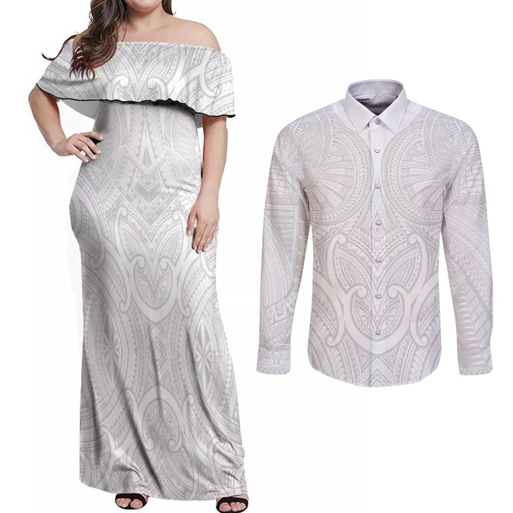 Samoan Traditional Art Tattoos Couples Matching Off Shoulder Maxi Dress and Long Sleeve Button Shirt Tatau Roman Reigns White Color LT03 White - Polynesian Pride