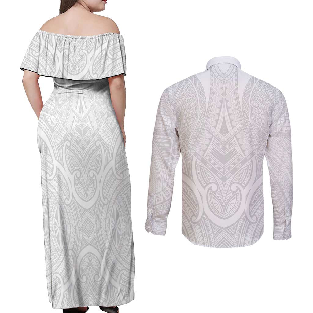 Samoan Traditional Art Tattoos Couples Matching Off Shoulder Maxi Dress and Long Sleeve Button Shirt Tatau Roman Reigns White Color LT03 - Polynesian Pride