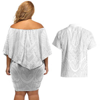 Samoan Traditional Art Tattoos Couples Matching Off Shoulder Short Dress and Hawaiian Shirt Tatau Roman Reigns White Color LT03 - Polynesian Pride