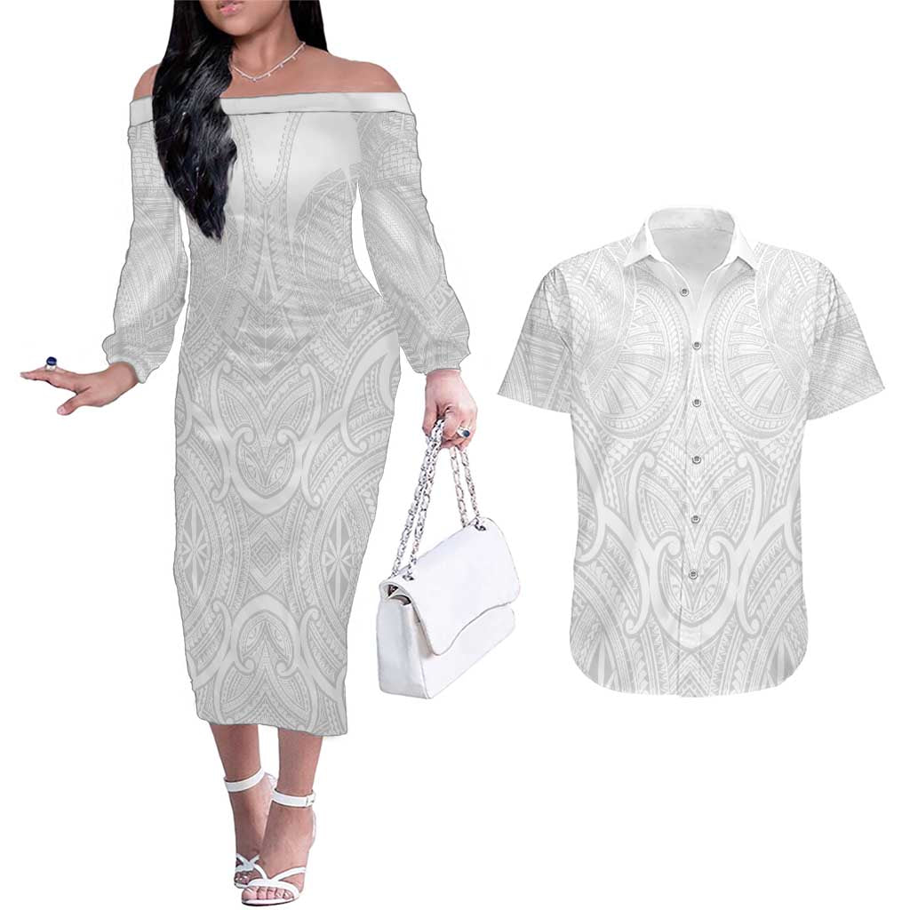 Samoan Traditional Art Tattoos Couples Matching Off The Shoulder Long Sleeve Dress and Hawaiian Shirt Tatau Roman Reigns White Color LT03 White - Polynesian Pride