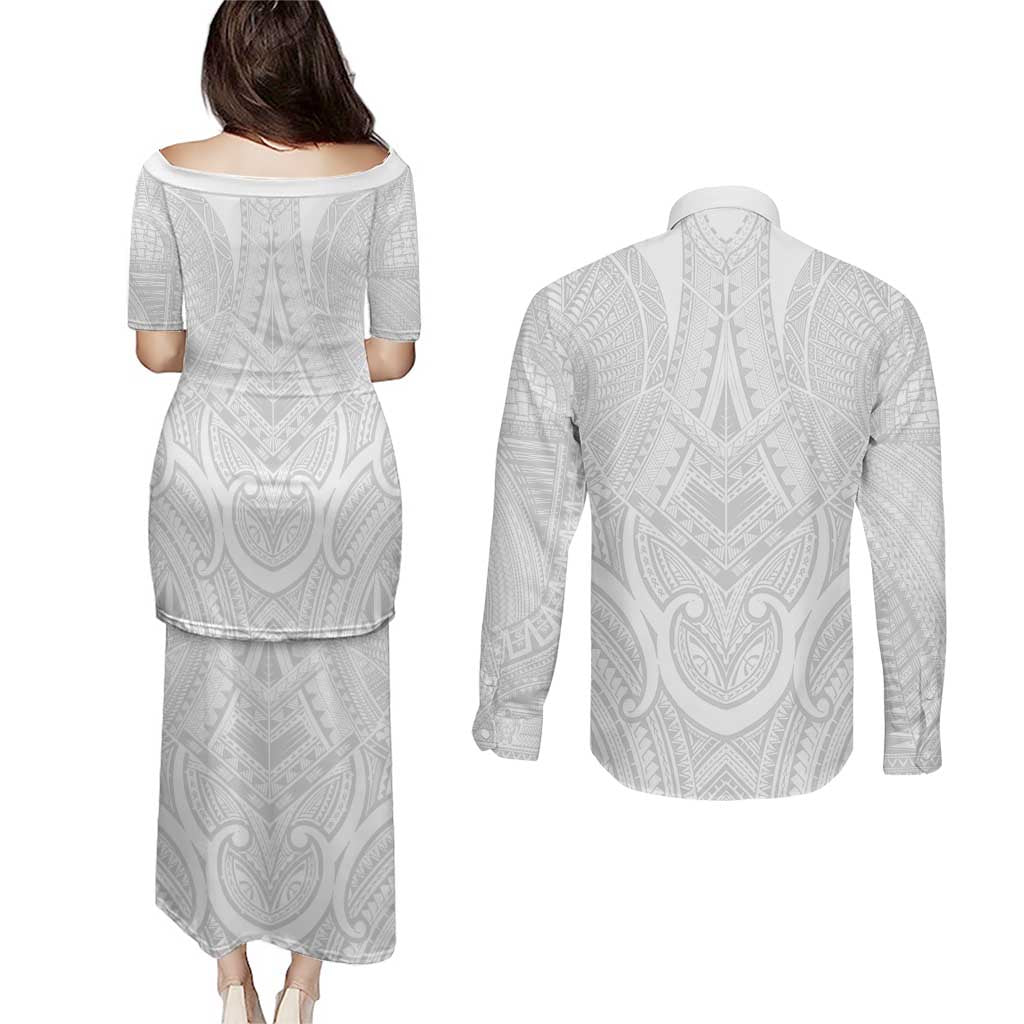 Samoan Traditional Art Tattoos Couples Matching Puletasi and Long Sleeve Button Shirt Tatau Roman Reigns White Color - Polynesian Pride