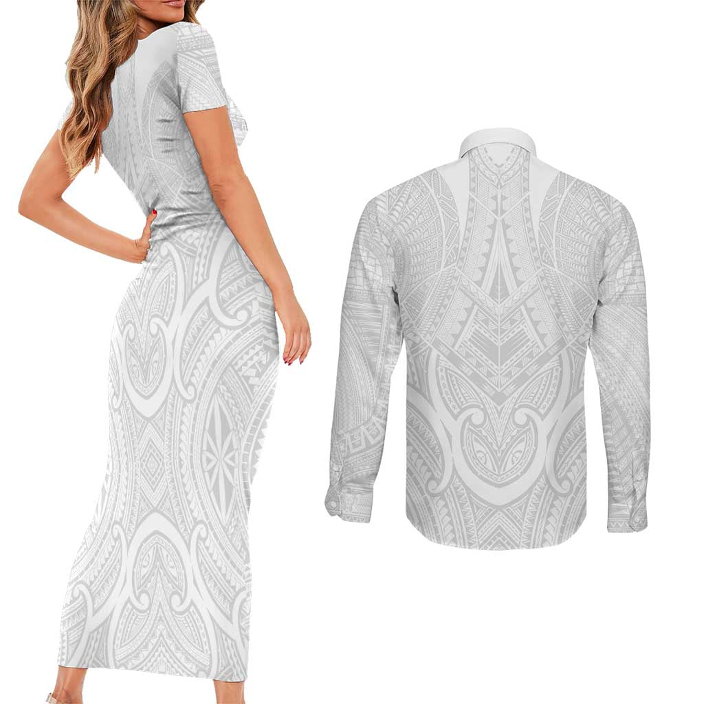Samoan Traditional Art Tattoos Couples Matching Short Sleeve Bodycon Dress and Long Sleeve Button Shirt Tatau Roman Reigns White Color LT03 - Polynesian Pride