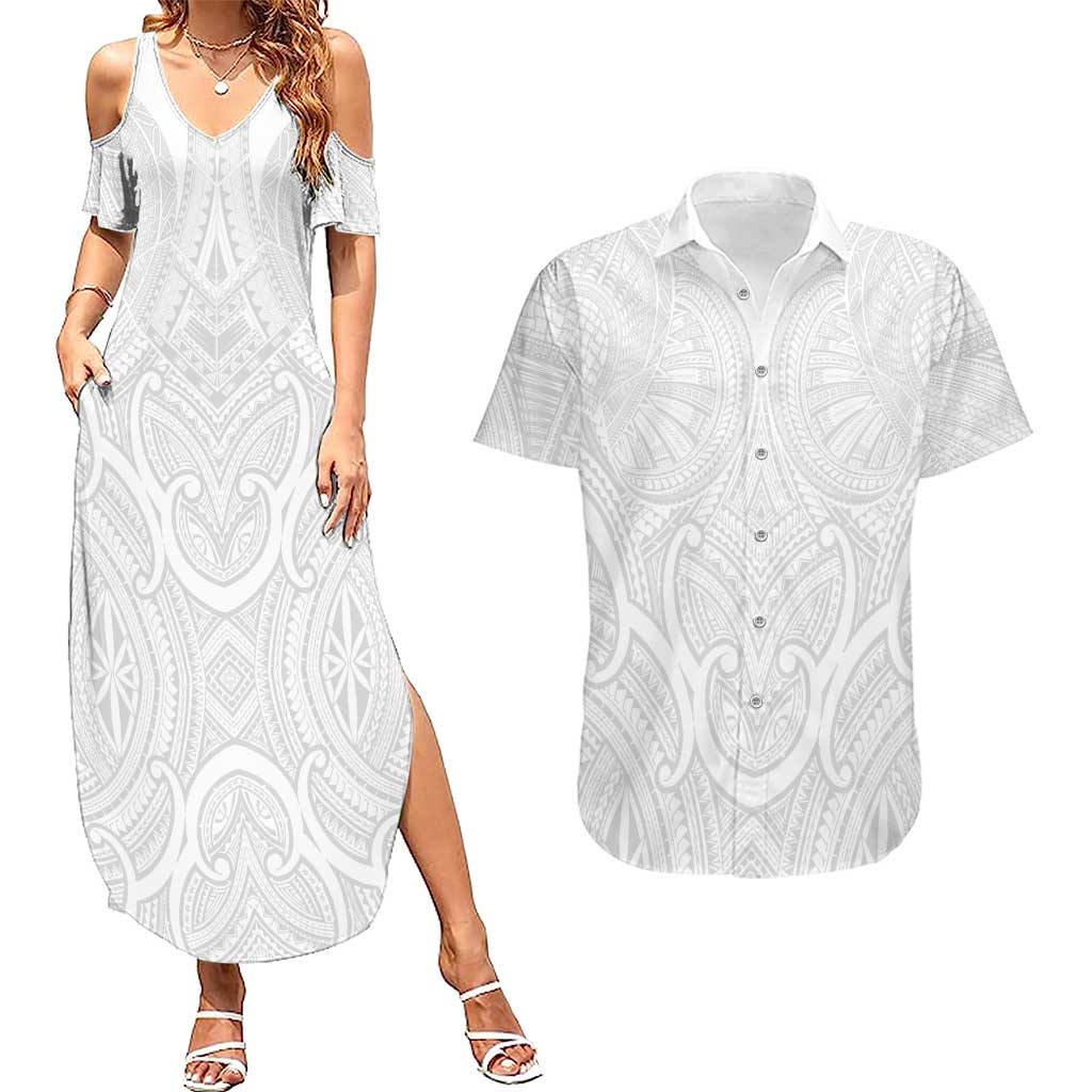 Samoan Traditional Art Tattoos Couples Matching Summer Maxi Dress and Hawaiian Shirt Tatau Roman Reigns White Color - Polynesian Pride