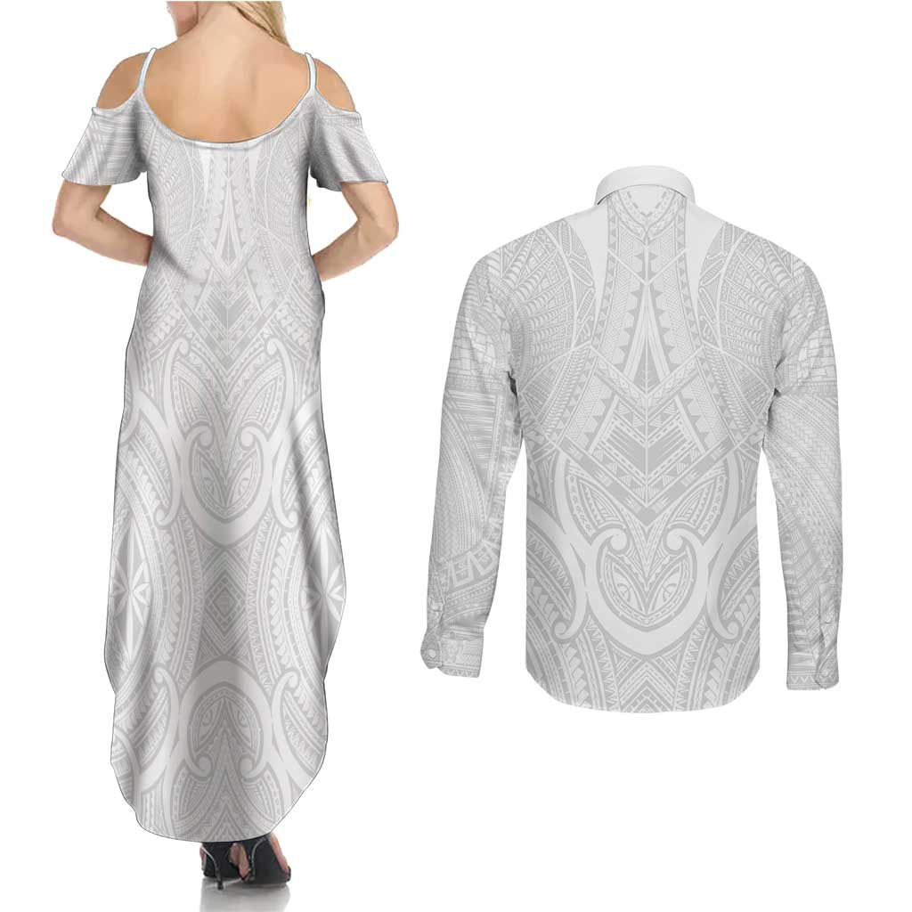 Samoan Traditional Art Tattoos Couples Matching Summer Maxi Dress and Long Sleeve Button Shirt Tatau Roman Reigns White Color LT03 - Polynesian Pride
