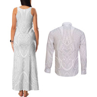 Samoan Traditional Art Tattoos Couples Matching Tank Maxi Dress and Long Sleeve Button Shirt Tatau Roman Reigns White Color LT03 - Polynesian Pride