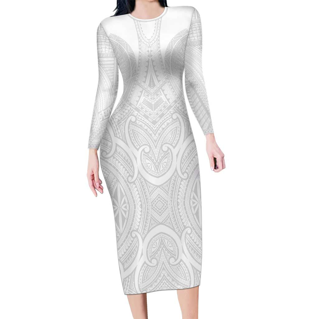 Samoan Traditional Art Tattoos Family Matching Long Sleeve Bodycon Dress and Hawaiian Shirt Tatau Roman Reigns White Color LT03 Mom's Dress White - Polynesian Pride