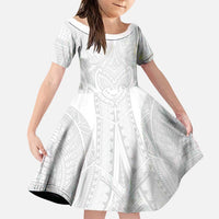 Samoan Traditional Art Tattoos Family Matching Off The Shoulder Long Sleeve Dress and Hawaiian Shirt Tatau Roman Reigns White Color LT03 Daughter's Dress White - Polynesian Pride