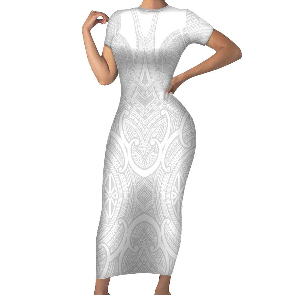 Samoan Traditional Art Tattoos Short Sleeve Bodycon Dress Tatau Roman Reigns White Color LT03 Long Dress White - Polynesian Pride