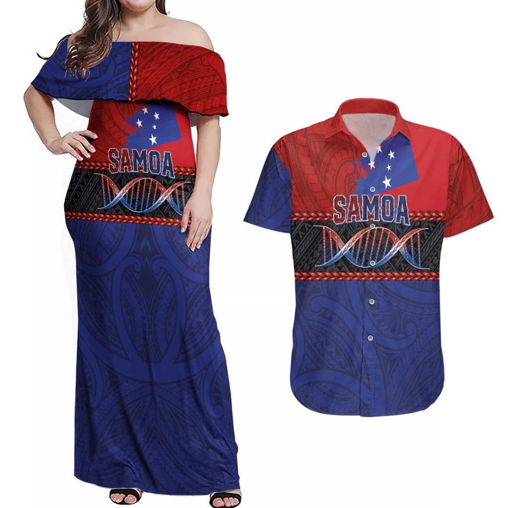 Personalised Samoan DNA-Proud of Samoa Couples Matching Off Shoulder Maxi Dress and Hawaiian Shirt Polynesian Patterns - Polynesian Pride