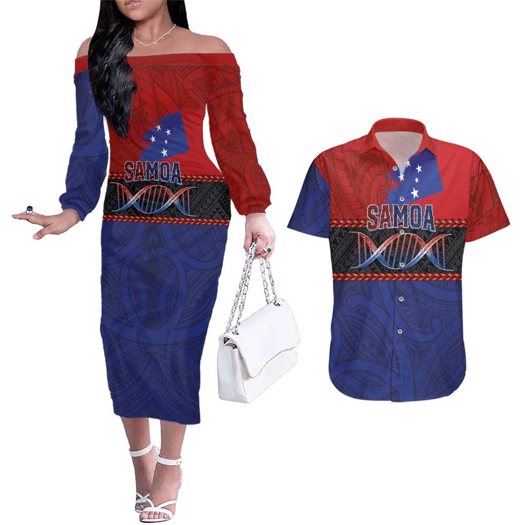 Personalised Samoan DNA-Proud of Samoa Couples Matching Off The Shoulder Long Sleeve Dress and Hawaiian Shirt Polynesian Patterns - Polynesian Pride