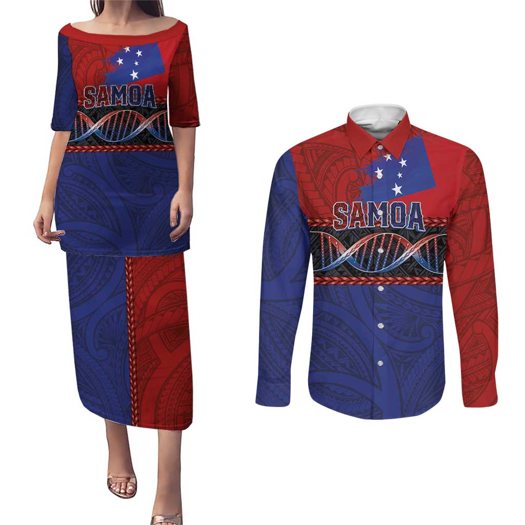 Personalised Samoan DNA-Proud of Samoa Couples Matching Puletasi and Long Sleeve Button Shirt Polynesian Patterns - Polynesian Pride