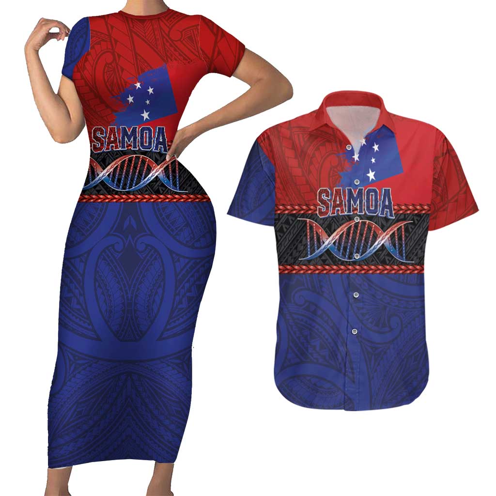 Personalised Samoan DNA-Proud of Samoa Couples Matching Short Sleeve Bodycon Dress and Hawaiian Shirt Polynesian Patterns - Polynesian Pride