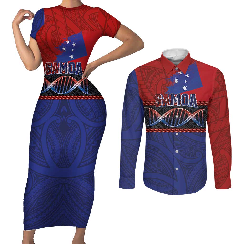 Personalised Samoan DNA-Proud of Samoa Couples Matching Short Sleeve Bodycon Dress and Long Sleeve Button Shirt Polynesian Patterns - Polynesian Pride