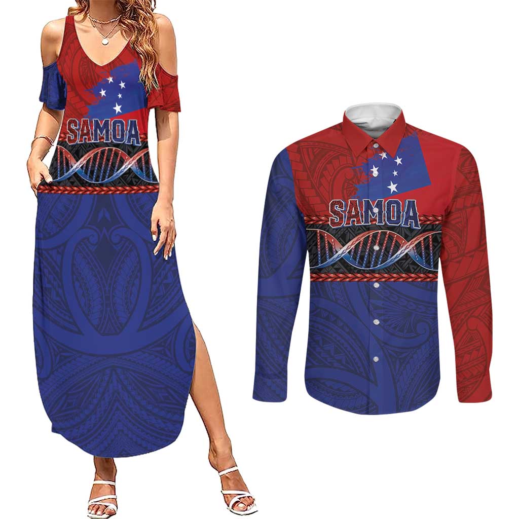 Personalised Samoan DNA-Proud of Samoa Couples Matching Summer Maxi Dress and Long Sleeve Button Shirt Polynesian Patterns - Polynesian Pride